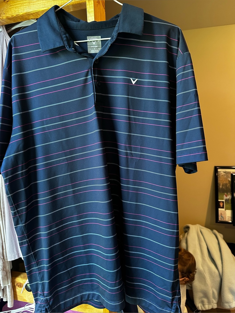 Callaway Navy Polo with Pink and Teal Stripes - Men's
